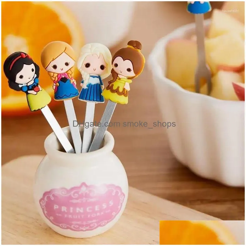 forks 6pcs/set cute cartoon princess stainless steel dessert fruit set food picks for kids spoon and fork bento