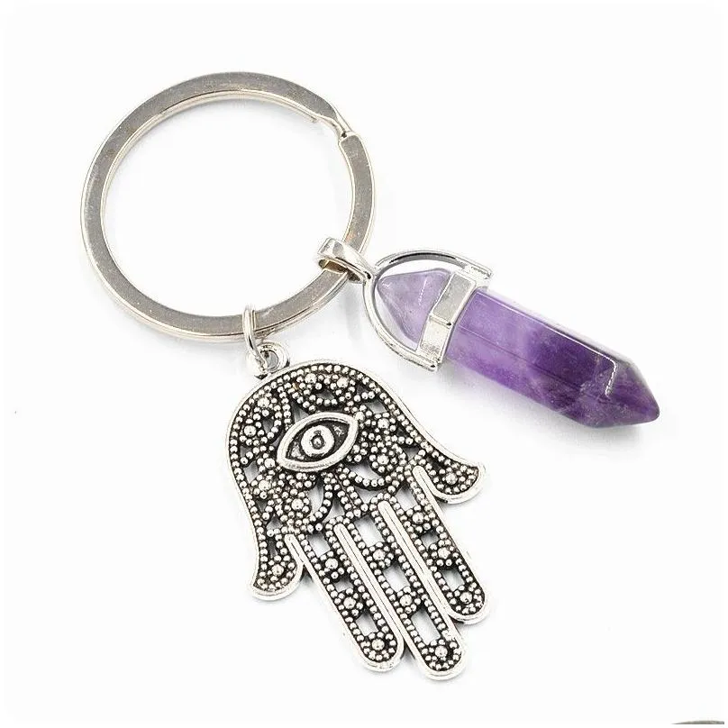 Key Rings Fashion Crystal Key Chains Jewelry Accessories Natural Stone Antique Symbol Evil Eye Fatima Hand Pendant Keychains Bag Car Dh9Qe