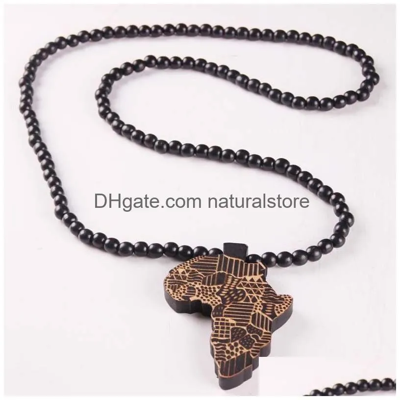 Pendant Necklaces Hip Hop Wooden Map Of Africa Pendant Necklaces Wood Beads Beaded Chains For Women Men Hiphop Jewelry Gift Drop Deliv Dh5N8