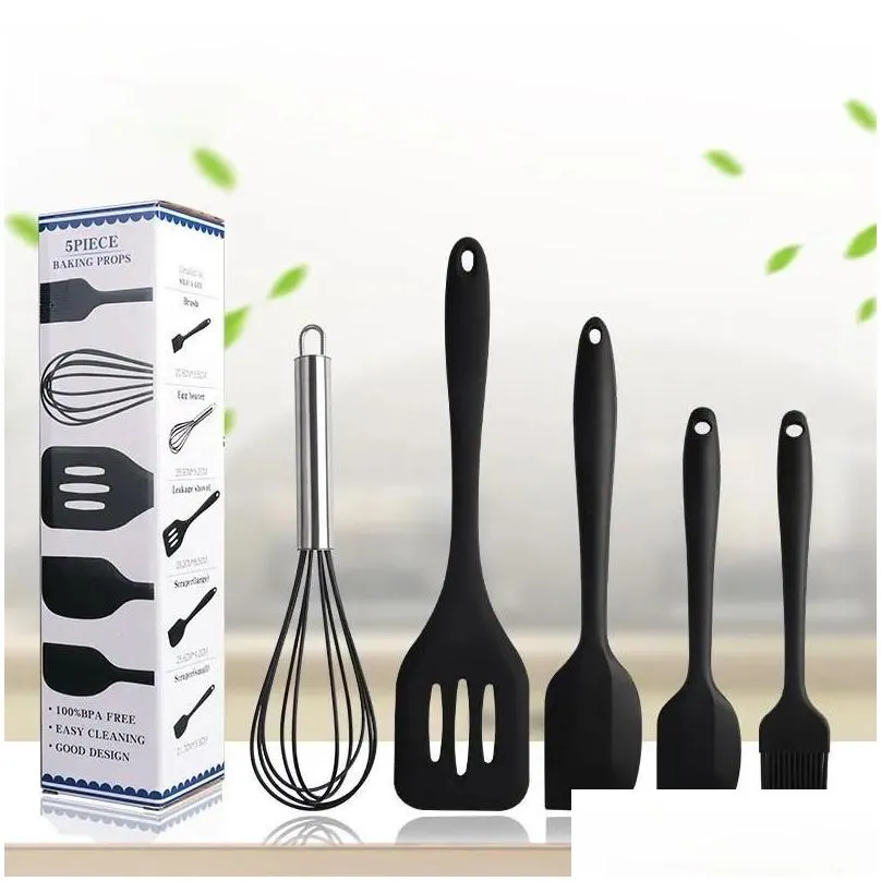 Cooking Utensils 5Pcs/Lot Sile Cooking Tool Sets Includes Small Brush Scraper Large Egg Beater Spata For Baking And Mixing Drop Delive Dh3Vk