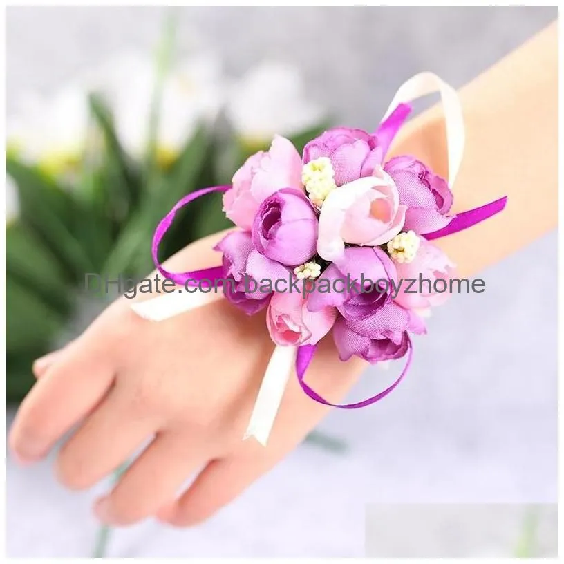 Decorative Flowers & Wreaths New Wedding Wrist Flower 50Pcs/Set Bridesmaid Sisters Cor Decorative Bridal Prom Hand Simation Flowers Br Dhpcv