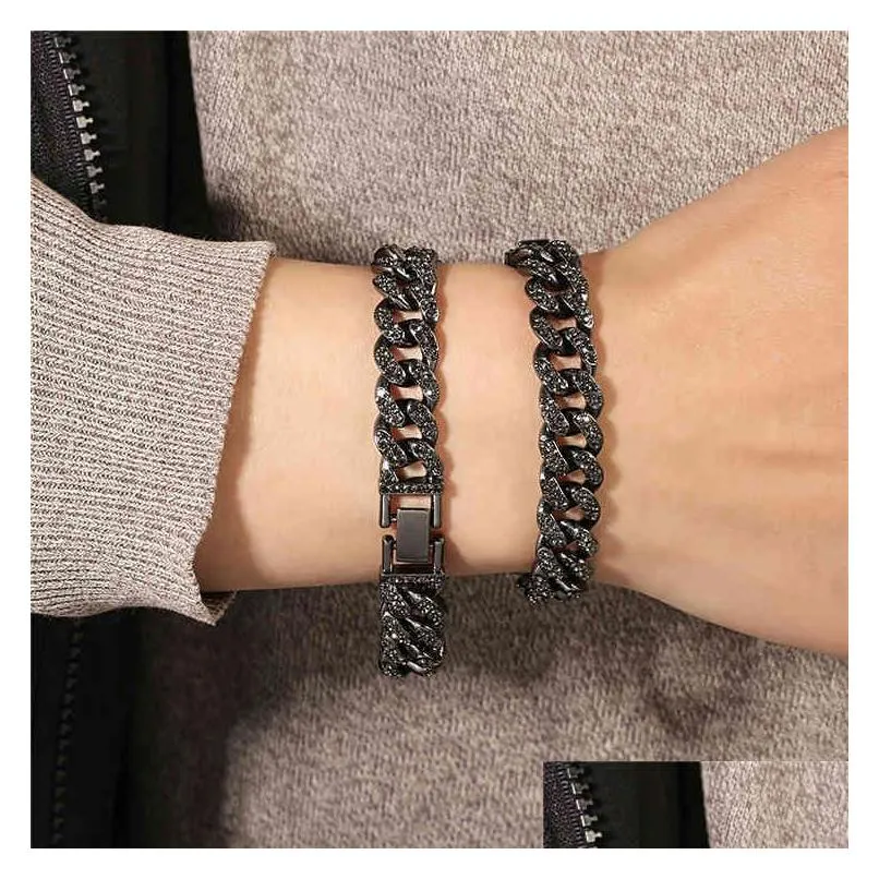 wholesale black 13mm iced out cubic zircon diamond cz cuban link chain  cuba necklace bracelet hip hop jewelry for men