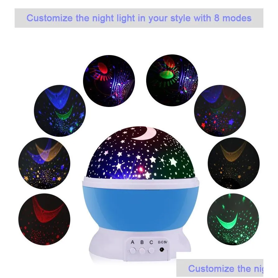 Night Lights Led Rotating Star Projector Novelty Lighting Moon Sky Rotation Kids Baby Nursery Night Light Battery Operated Emergency U Dhskl