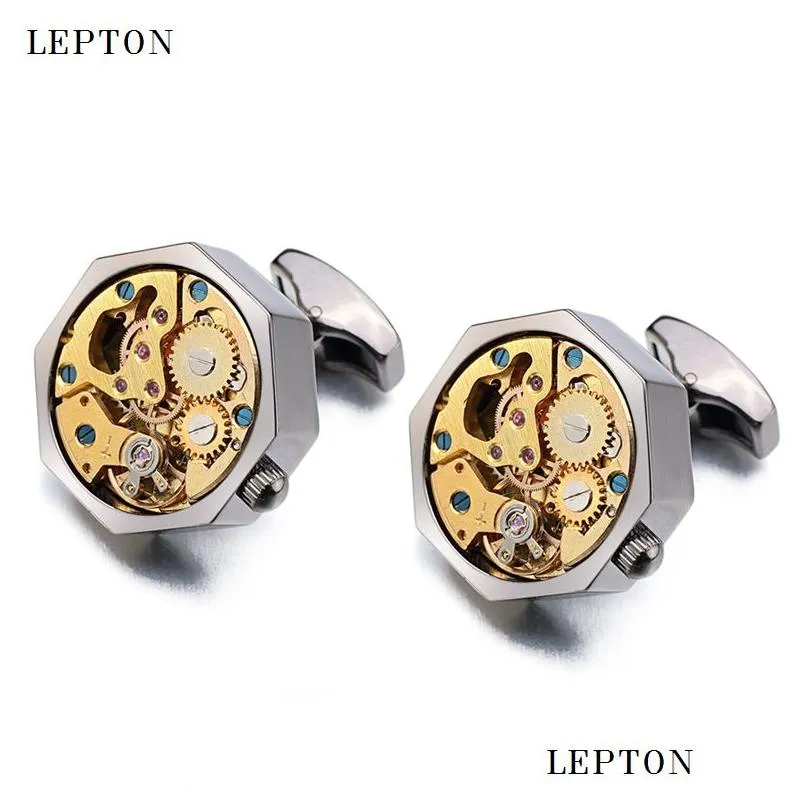 Cuff Link And Tie Clip Sets Watch Movement Cufflinks For Immovable Stainless Steel Steampunk Gear Mechanism Cuff Links Mens Relojes Ge Dh58O