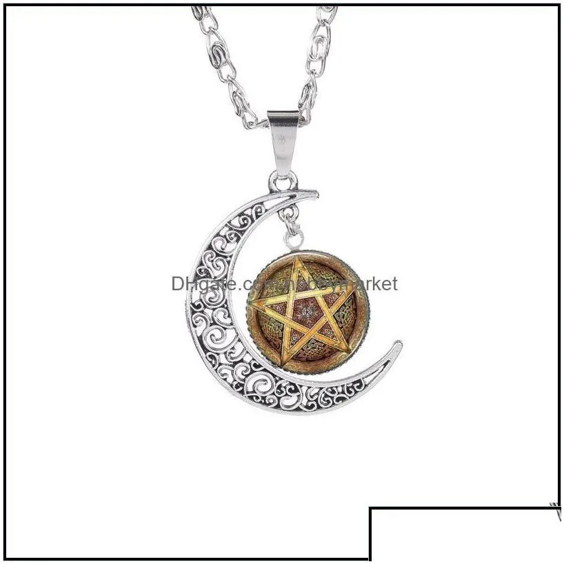 pendant necklaces pendants jewelry five-pointed star hollow moon cabochons glass moonstone pentagram necklace for women men witchcraft