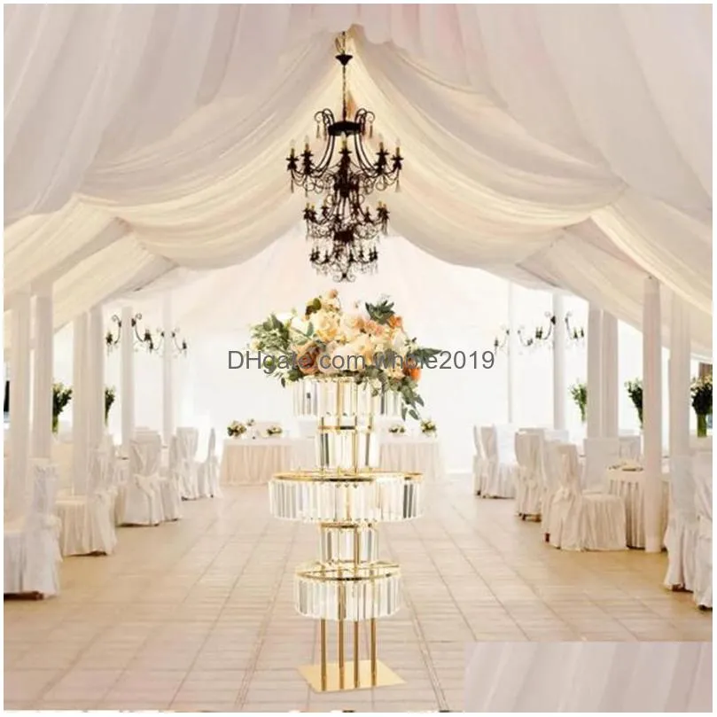 Party Decoration Luxury Gold Wedding Vase Centerpiece Acrylic Flower Stand With Hanging 5 Tier Round Chandelier Base For Drop Delivery Dhojb