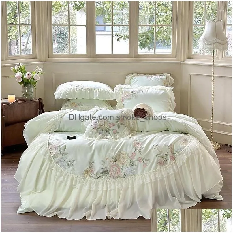 bedding sets princess chiffon lace luxury green egyptian cotton flowers embroidery duvet cover bed sheet pillowcases 2024