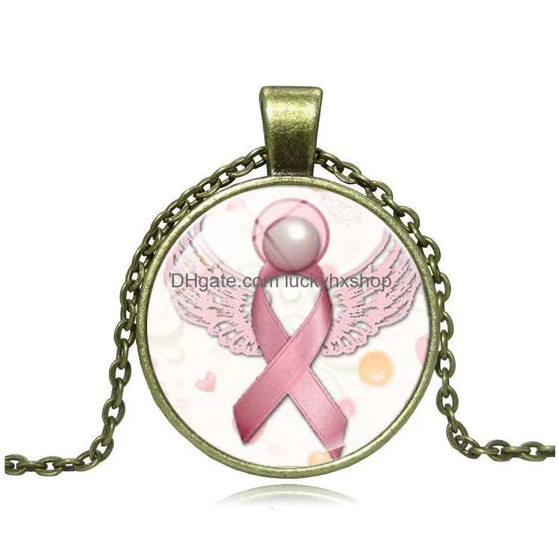 Pendant Necklaces New Arrival Pink Ribbon Glass Gemstone Pendant Necklaces Breast Cancer Awareness Necklace For Women Mens Fashion Jew Dhncl