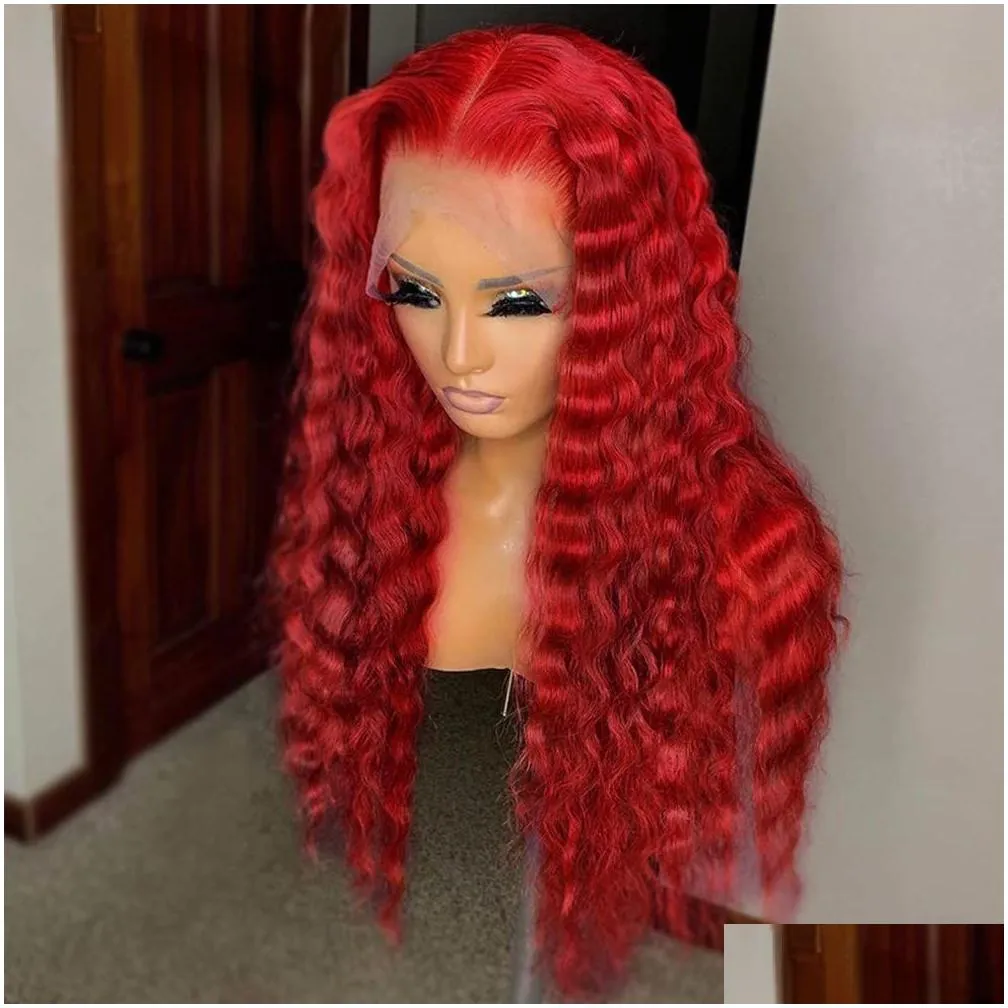  red lace frontal wig curly human hair wigs deep wave 13x4 transparent lace front wig synthetic for black women pre plucked
