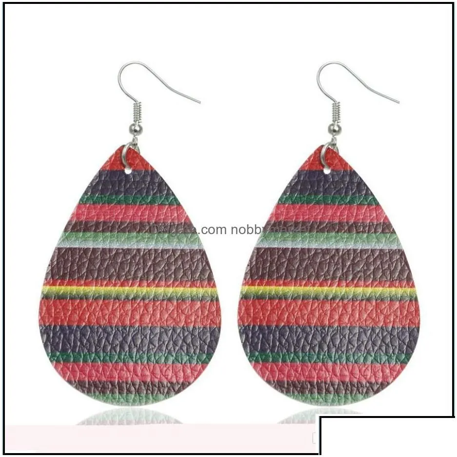 dangle chandelier earrings jewelry design rainbow stripe pu leather waterdrop eardrop bohemia drop gifts for women delivery 2021