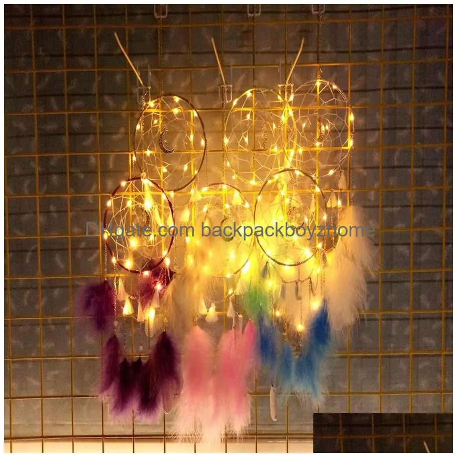 Christmas Decorations Dream Catcher Wind Chimes 6 Colors Led Feather Wall Hanging Ornament Dreamcatcher Bedroom Decoration Drop Deliv Dh4Kd