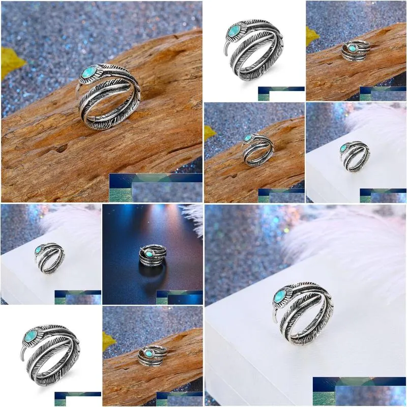 1 pcs bohemia africa feather with blue stone open adjustable ring ancient metal color punk ring for women men jewelry r145 factory price expert design quality