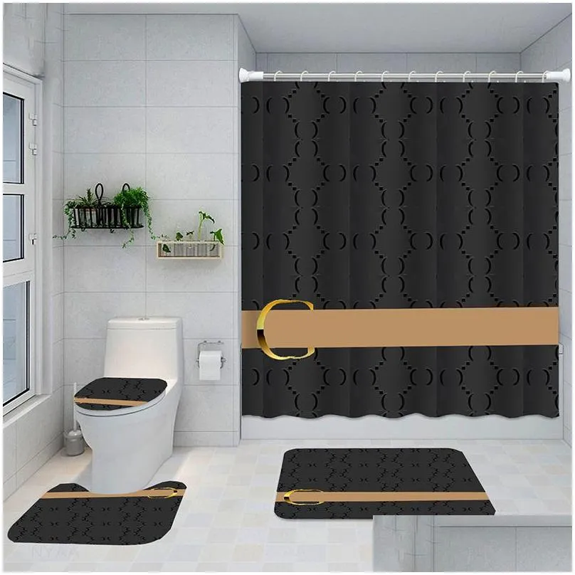 Shower Curtains Fashion Striped Printed Bath Mats Home Bathroom Waterproof Shower Curtains Toilet Er Four Piece Set Drop Delivery Home Dh6Ve