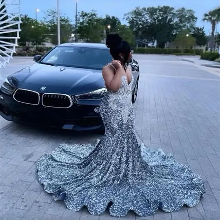 Silver Plus Size Prom Dress For Black Girls Diamond Beaded Sequin Mermaid Evening Dress Sleeveless Formal Birthday Party Gowns Robes Mariage Vestidos De Gala 2024