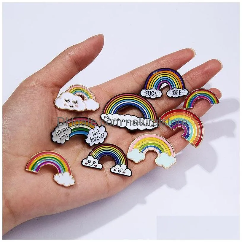 Pins, Brooches Rainbow Clouds Enamel Pin White Brooches Children Bag Clothes Lapel Badge Weather Brooch For Kids Girls Fashion Jewelr Dhl2P