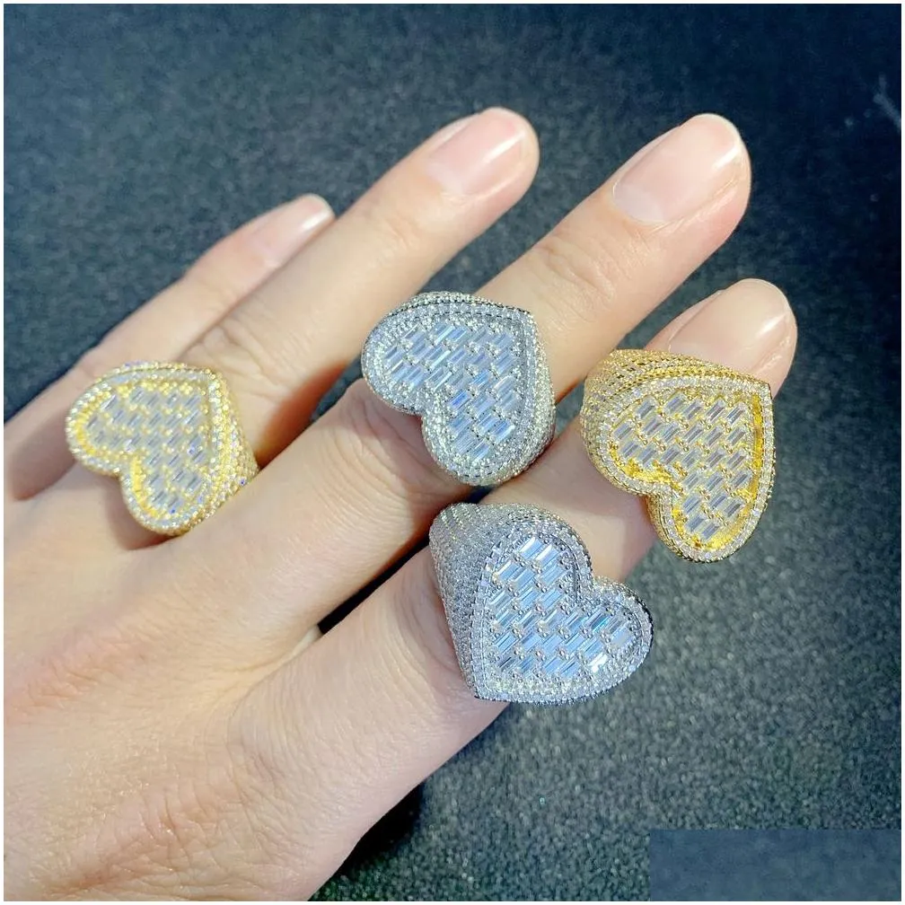 big heart shaped ring full paved white baguette cz iced out bling square cubic zircon fashion lover jewelry for women men