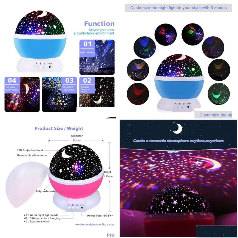 Night Lights Led Rotating Star Projector Novelty Lighting Moon Sky Rotation Kids Baby Nursery Night Light Battery Operated Emergency U Dhskl