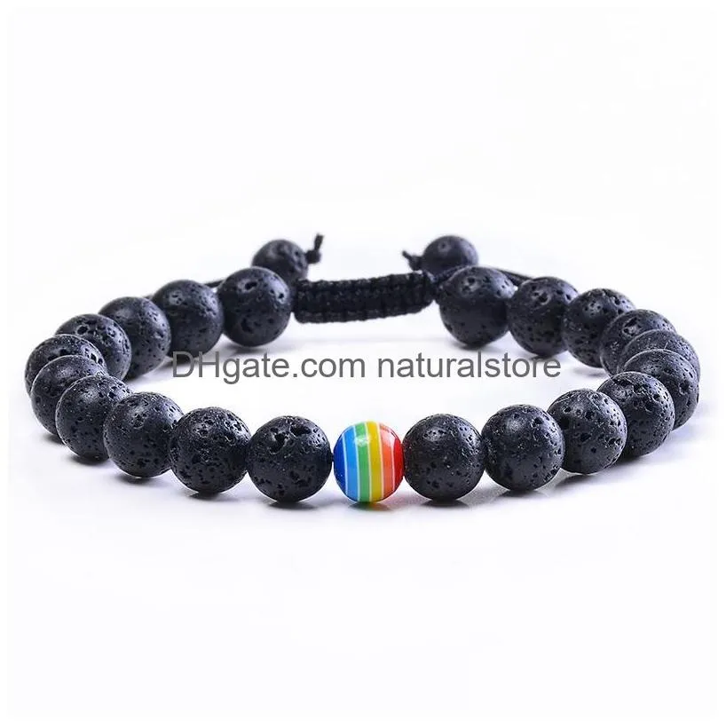 Beaded Fashion Rainbow Bead Couple Bracelet Set Handmade Natural Stone Black Lava Rock Howlite Lgbt Gay Bangle For Women Men Jewelry Dhyxk