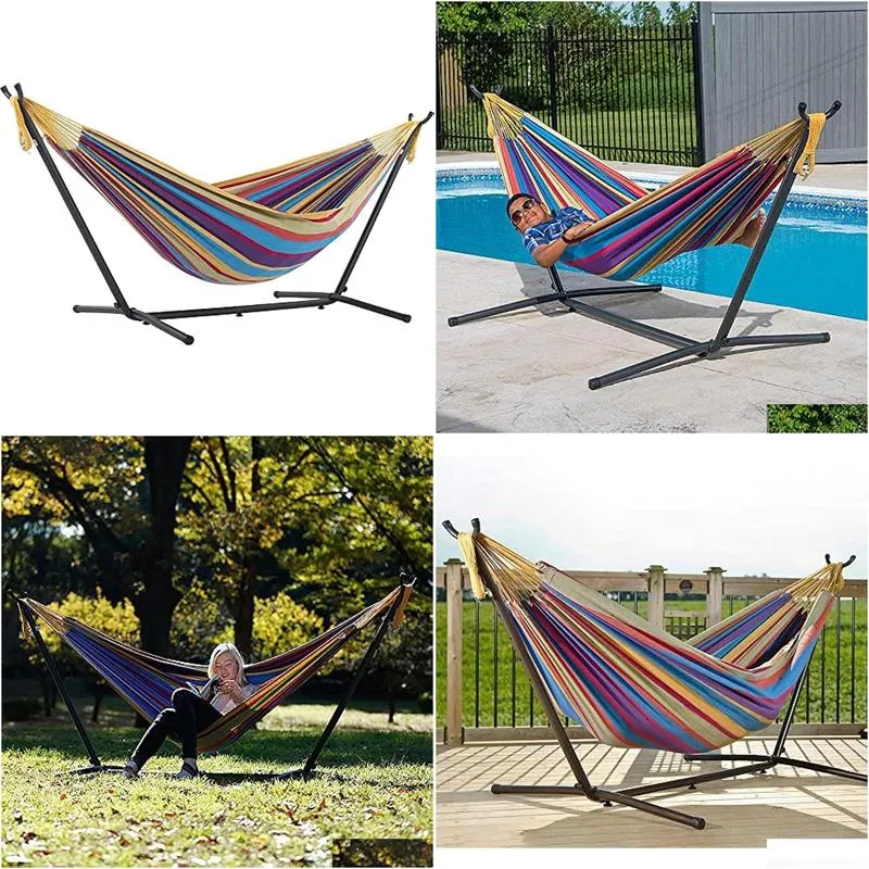 Camp Furniture Vivere Double Cotton Hammock With Space Saving Steel Stand Tropical 450 Lb Capacity Premium Carry Bag Included Camp Dro Dhkku