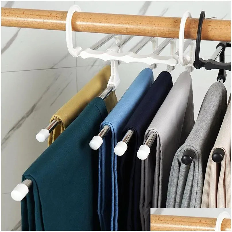 Hangers & Racks Stainless Steel 5 In 1 Trouser Storage Rack Clothes Hanger Mti-Functional Folding Adjustable Pants Tie Shelf Closet Or Dh4Vw