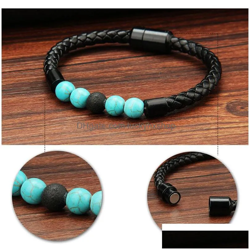 Charm Bracelets Mens Genuine Leather Lava Rock Bead Brackets For Women Natural Turquoise  Oil Diffuser Stone Magnetic Buckle Dhkc0