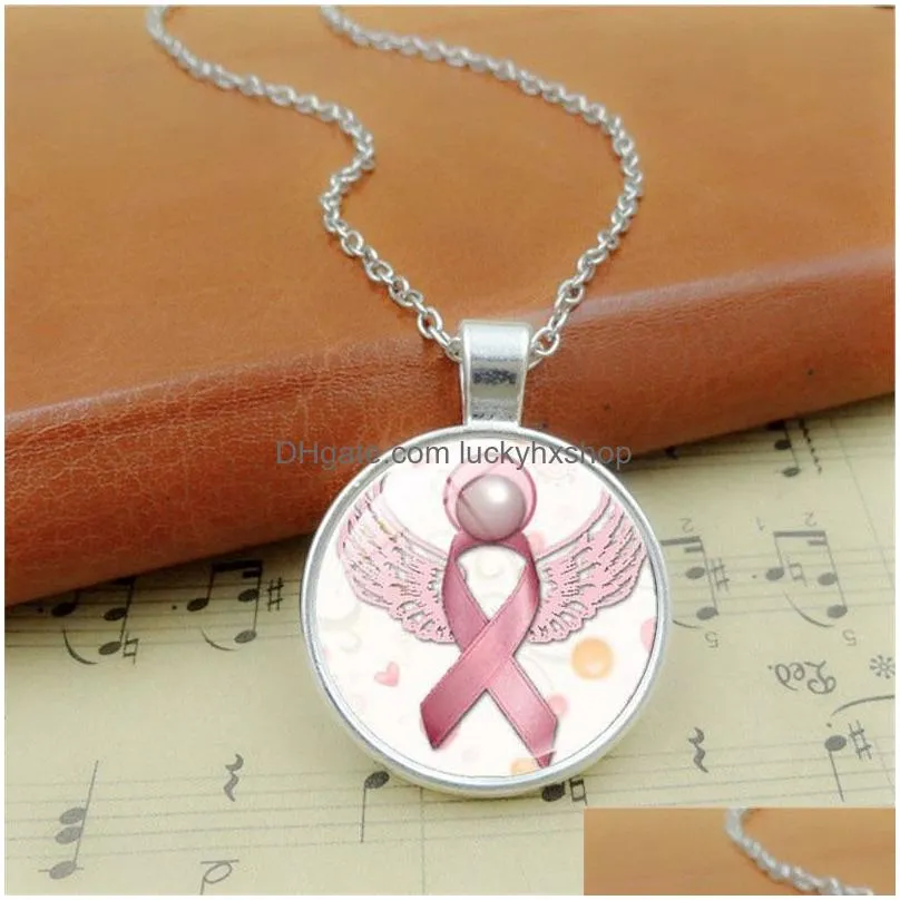 Pendant Necklaces New Arrival Pink Ribbon Glass Gemstone Pendant Necklaces Breast Cancer Awareness Necklace For Women Mens Fashion Jew Dhncl