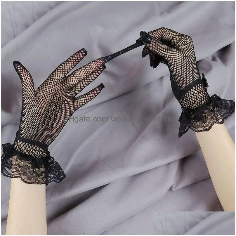 1 pair bridal gloves black lace women fishnet for bride wedding accessories
