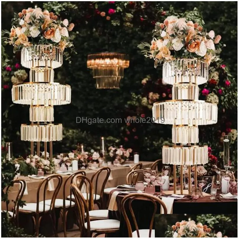 Party Decoration Luxury Gold Wedding Vase Centerpiece Acrylic Flower Stand With Hanging 5 Tier Round Chandelier Base For Drop Delivery Dhojb