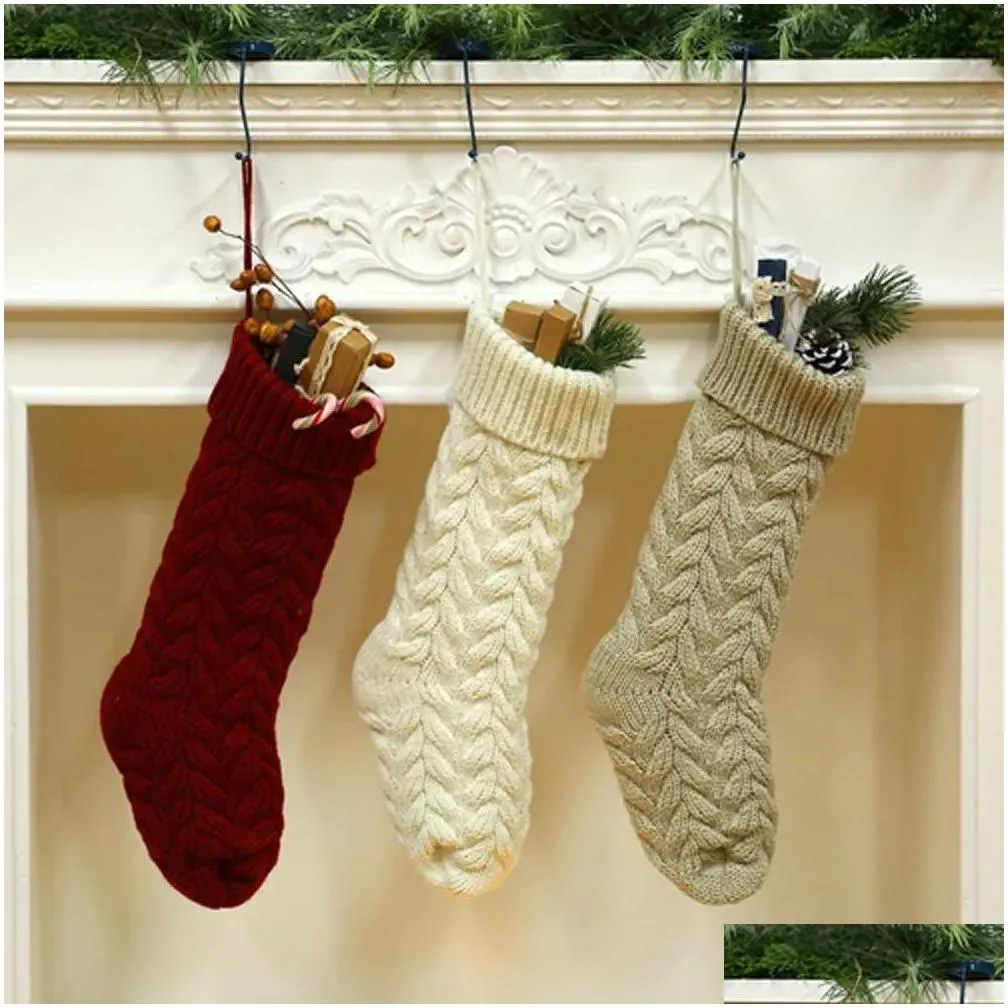 Christmas Decorations Knitting Christmas Stocking 46Cm Gift Stocking-Christmas Xmas Stockings Holiday Stocks Family-Stockings Indoor D Dhaqk