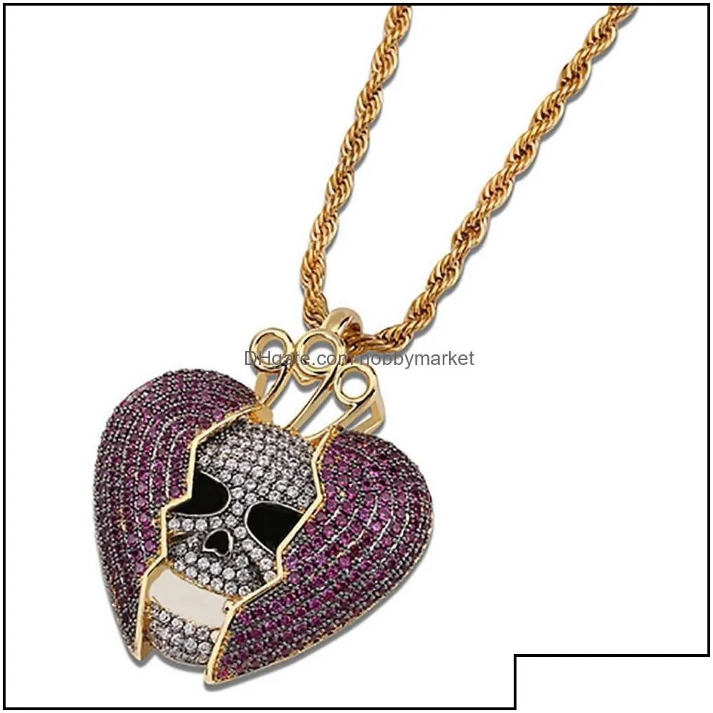 pendant necklaces pendants jewelry 14k iced out skl skeleton purple heart juice wrld necklace micro pave cubic zircon hiphop fashion
