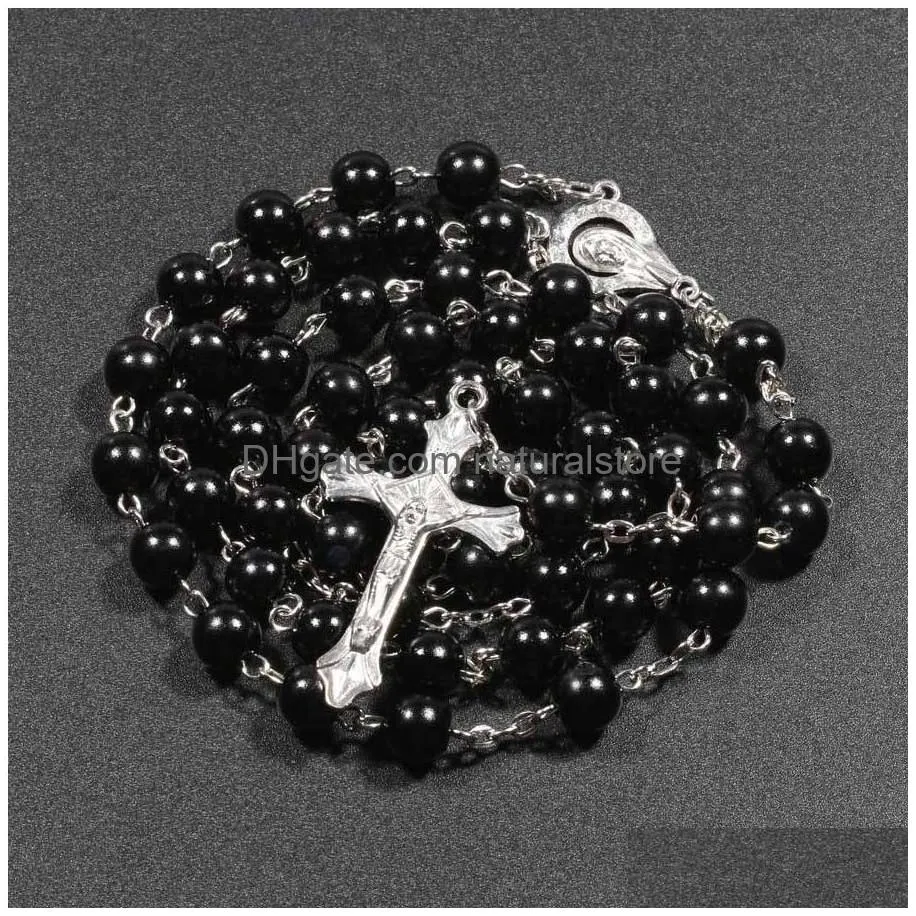 Pendant Necklaces 7 Colors Relius Catholic Rosary Necklaces Jesus Cross Pendant Long 8Mm Bead Chains For Women Men Christian Jewelry G Dhdct