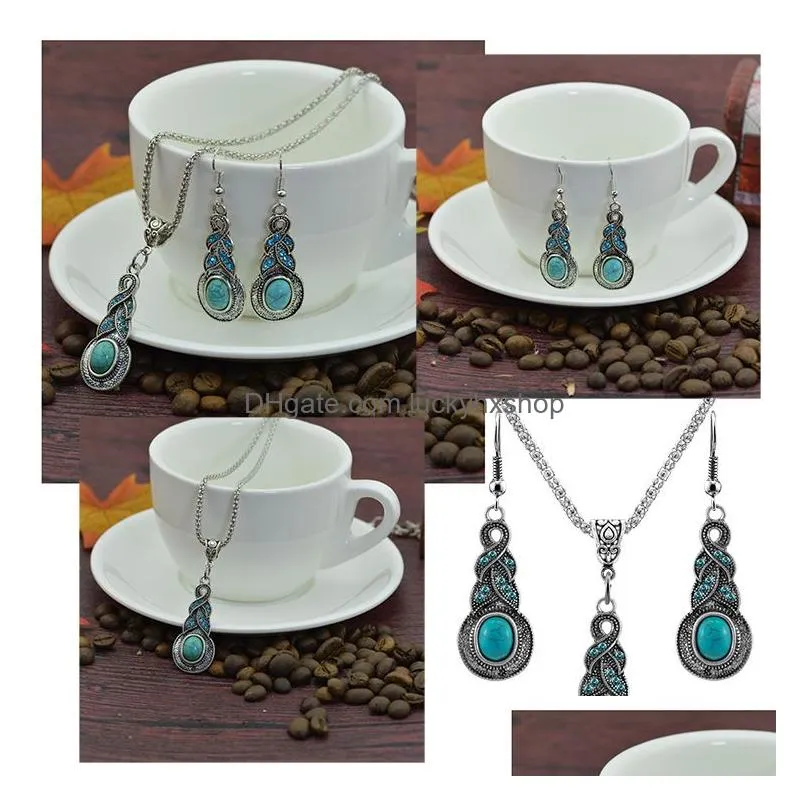 Earrings & Necklace Vintage Turquoise Pendant Necklace Dangle Drop Earrings Set For Women Retro Natural Stone Fashion Jewelry In Bk D Dhmch