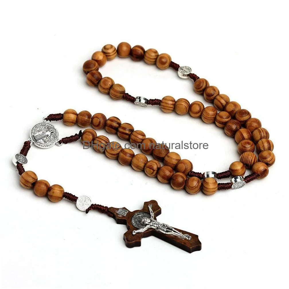 Pendant Necklaces 10Mm Wood Beads Rosary Cross Necklace For Women Men Christian Virgin Mary Inri Pendant Chain Fashion Relin Jewelry D Dhaz3