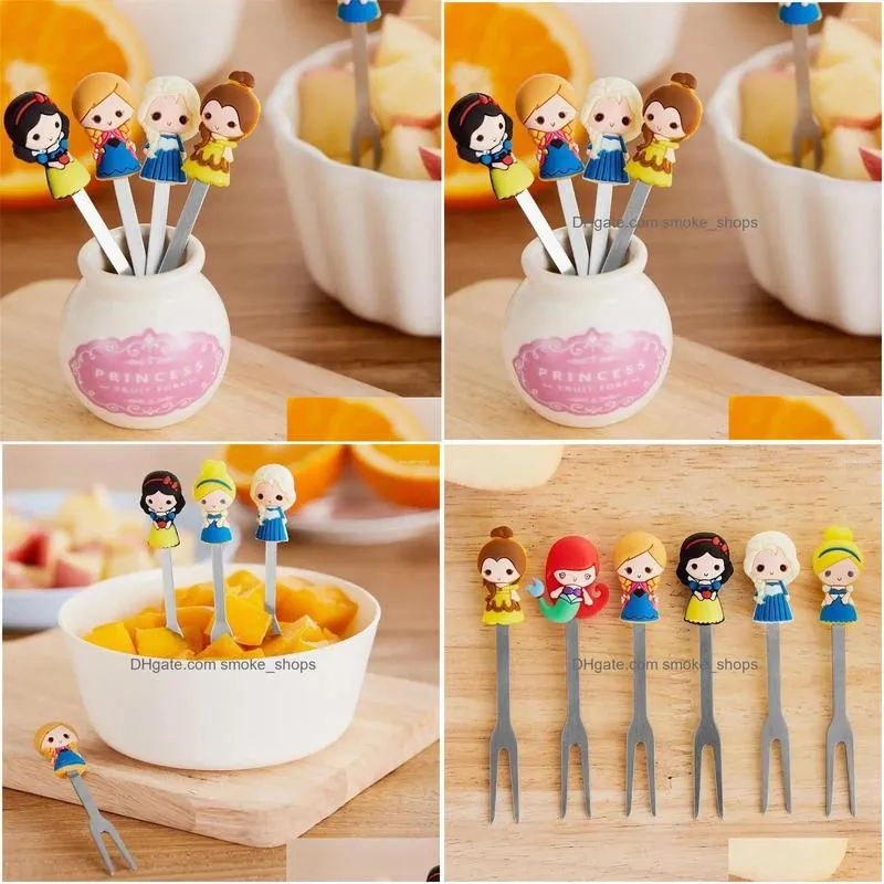 forks 6pcs/set cute cartoon princess stainless steel dessert fruit set food picks for kids spoon and fork bento