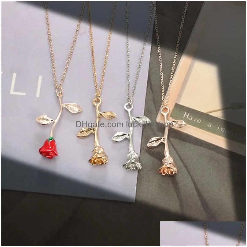 Pendant Necklaces Simple Red Rose Flower Statement Necklace For Women Choker Gold Color Pendant Boho Charm Jewelry Nice Drop Delivery Dhvjc