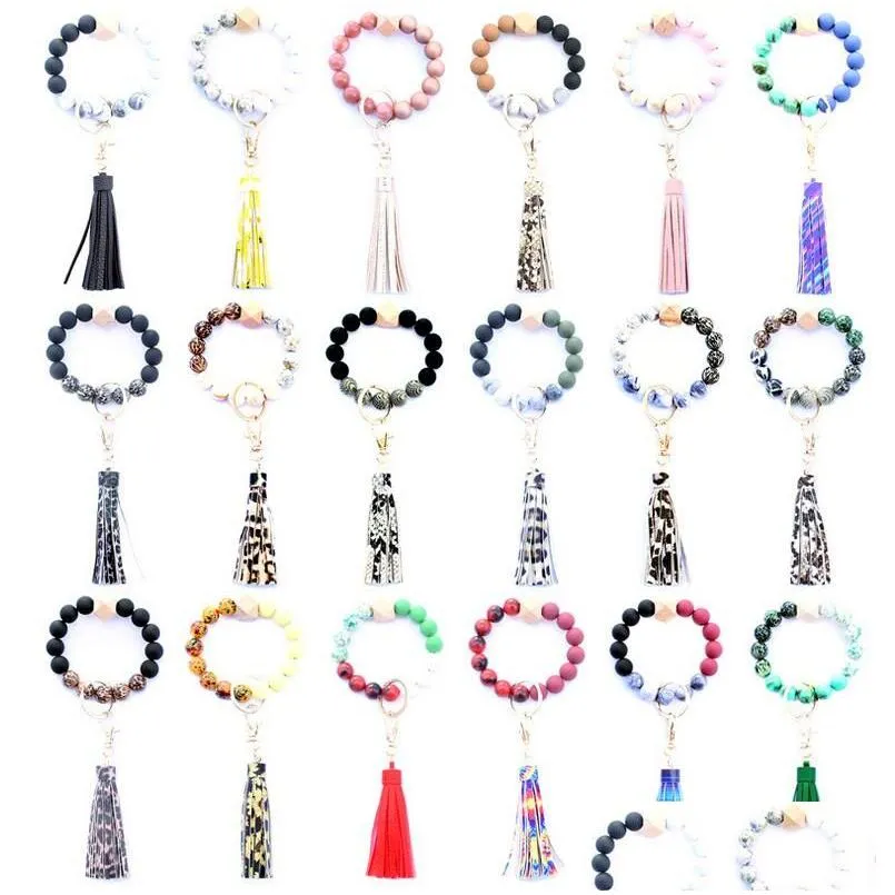 36 colors food grade acrylic beads tassels bracelet keychain wooden bead bracelets key ring pu tassel anti-lose keyring