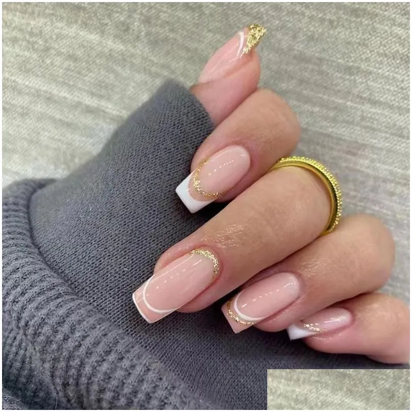 24pcs press on nails short medium square fake nails full cover stick on french false nails for women girls