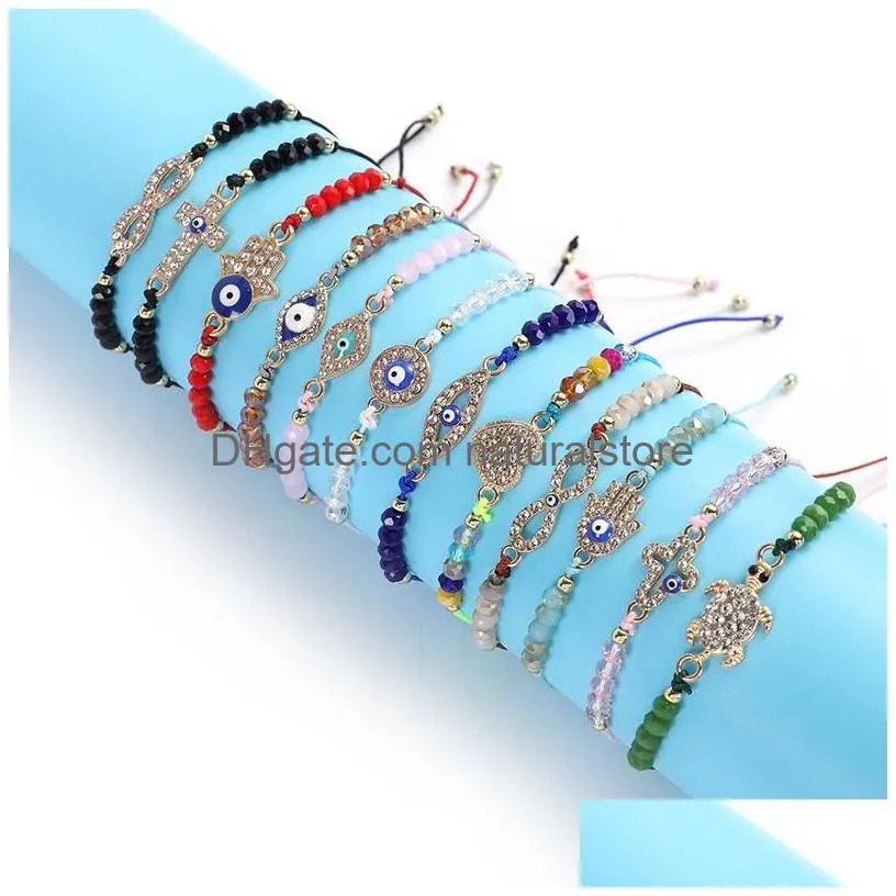 Charm Bracelets 12Pcs/Set New Blue Evil Eye Bracelets For Women Crystal Tree Hand Cross Heart Turtle Charm Beads Rope String Chain Ad Dhrjw