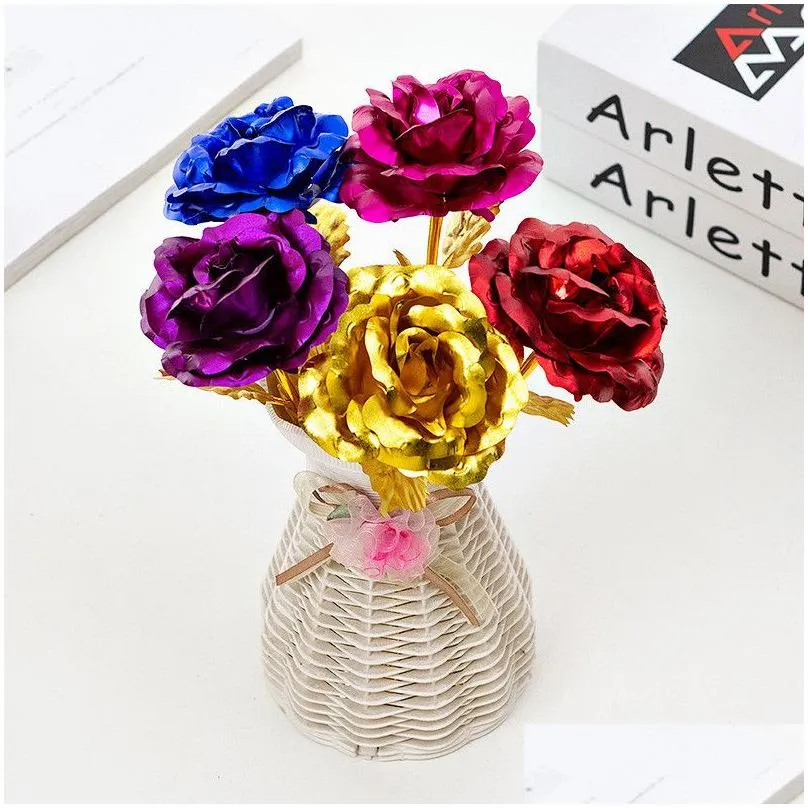 Decorative Flowers & Wreaths 24K Foil Plated Gold Rose Flowers Glaxy Box Wedding Decor Valentines Day Creative Gift Golden Rainbow Dro Dhqfc