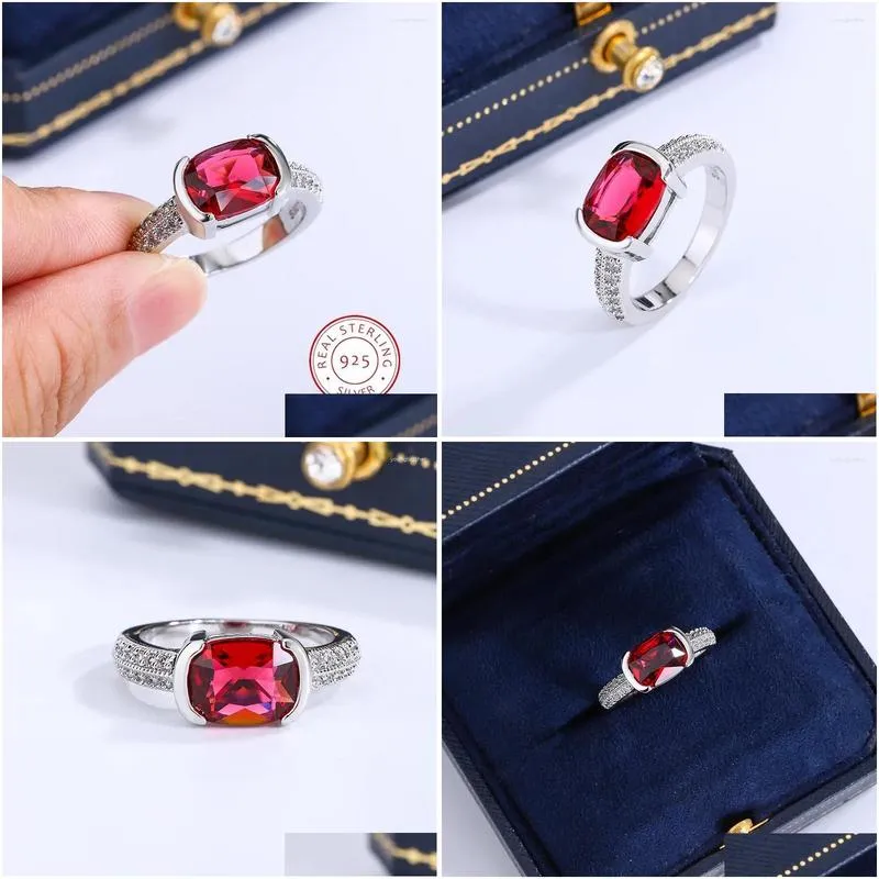 Cluster Rings 2023 Fashion Princess Cut Oval Ruby Fl Diamond Couple Ring For Women Zircon Anniversary Gift Party Jewelry Sier Drop De Dh8Af