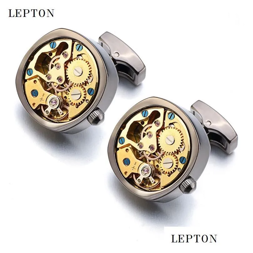 Cuff Link And Tie Clip Sets Watch Movement Cufflinks For Immovable Stainless Steel Steampunk Gear Mechanism Cuff Links Mens Relojes Ge Dh58O