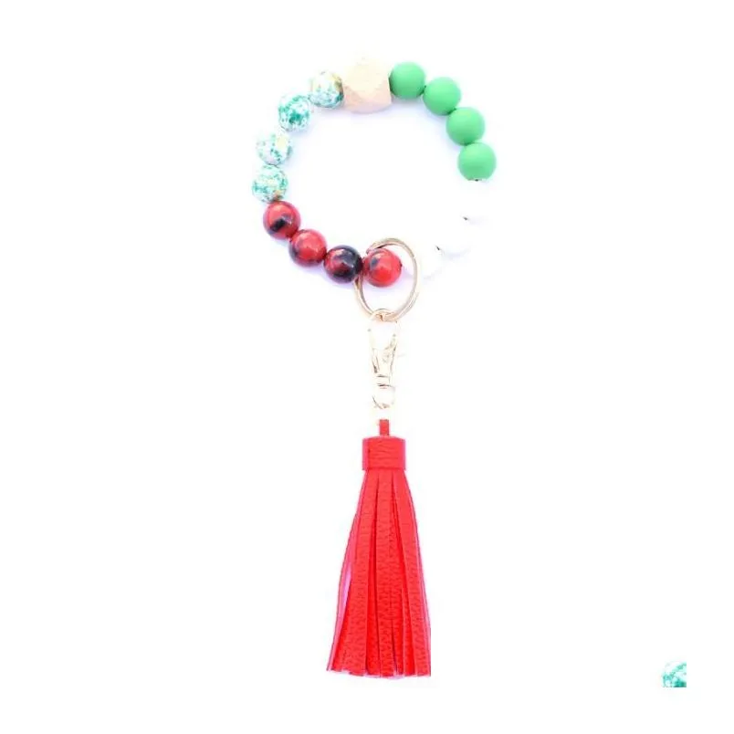 36 colors food grade acrylic beads tassels bracelet keychain wooden bead bracelets key ring pu tassel anti-lose keyring