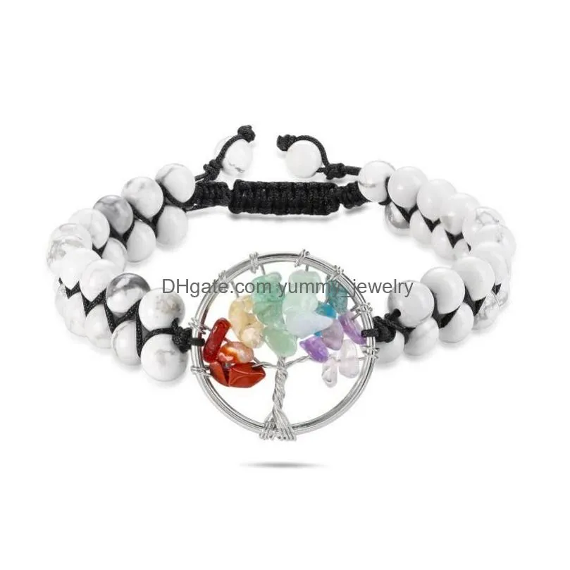 Chain 6Mm Amethyst Howlite Double Layer Bracelet Yoga 7 Chakra Healing Gravel Tree Of Life Crystal Bracelets For Women Gift Drop Deli Dhbf7