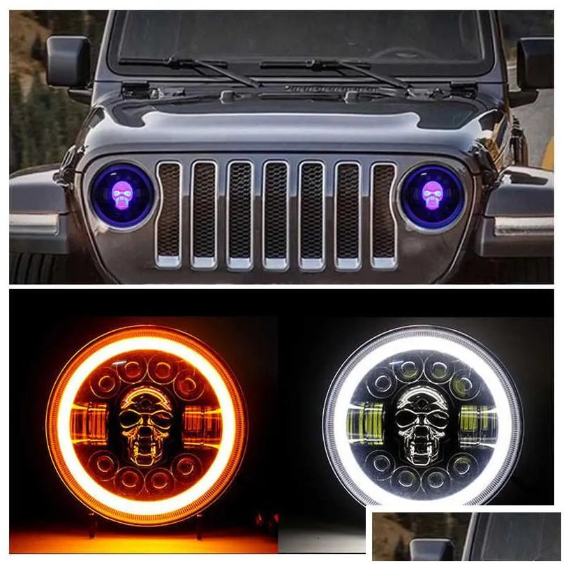 Motorcycle Lighting New 1Pc 7Inch Led Headlight Rgb Hi/Lo H4 Light Halo Ring Angle Eyes Lamp For Samurai Offroad Drl Headlamp O3W0 Dro Dhkm2