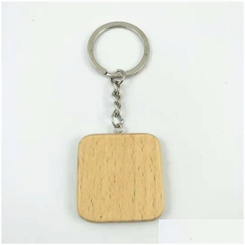 Key Rings Diy Blank Wooden Key Chain Ring Holder Fashion Wood Round Heart Pendant Keychain Personalized Engraved Name Charms Keyrings Dhdev