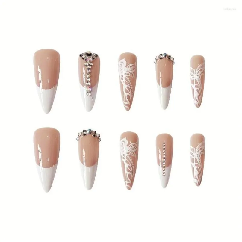False Nails 24Pcs/Box With Designs Stiletto Artifical French Nail Tips White Rose Glitter Press On Diamond Drop Delivery Dhdby