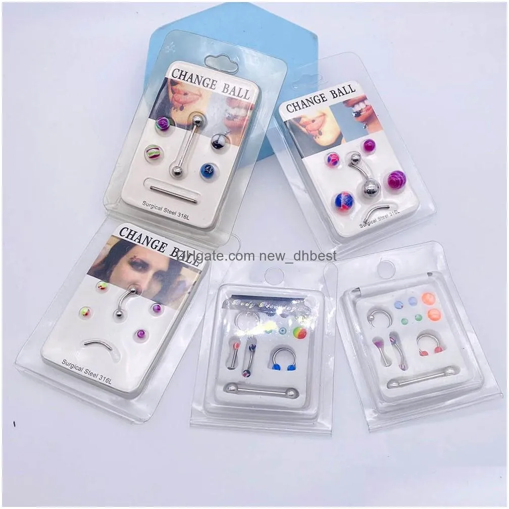 Nose Rings & Studs 2/5Pcs Card-Mounted Stainless Steel Belly Button Ring Nose Acrylic Interchangeable Eyebrow Nails Body Piercing Jew Dhoiq