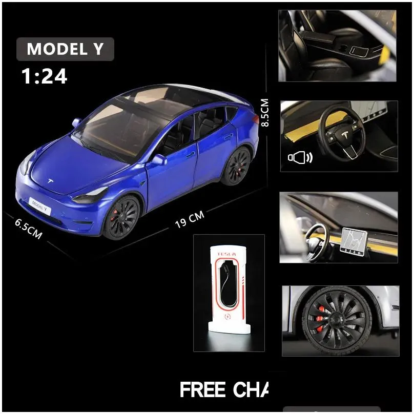 Diecast Model Cars Diecast Model 1 24 Scale Tesla Y Roadster Alloy Car Metal Vehicle Toy Models Collection Simation Sound Light For Ki Dhxur