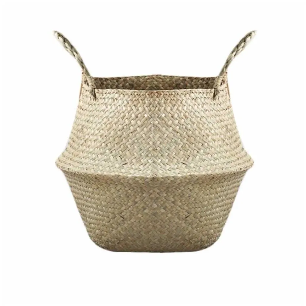 Storage Baskets Household Foldable Natural Seagrass Woven Storage Pot Garden Flower Vase Hanging Handle Bellied Basket Drop 210609 Dro Dho5K