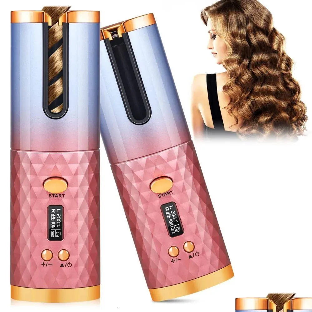 automatic hair curler curly machine ceramic cordless rotating curling iron waver wand curlers usb charging led 240226